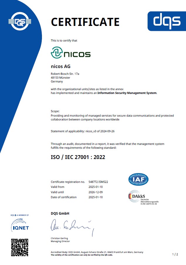 Renewed ISO 27001 Certification for nicos AG – nicos AG